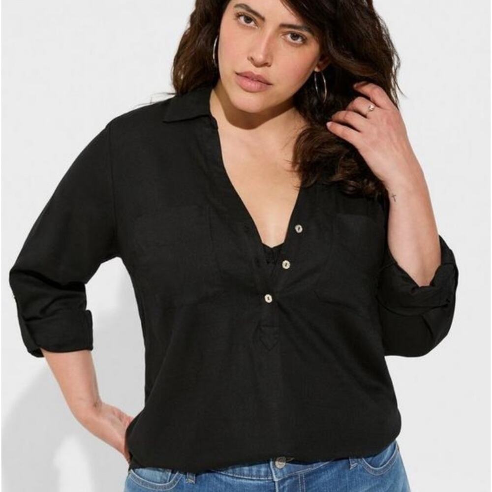 NWOT Torrid Linen Pocket‎ Henley Long Sleeve Black 3
